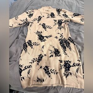 Calvin Klein Tan and Black Floral Long Sleeve Dress
